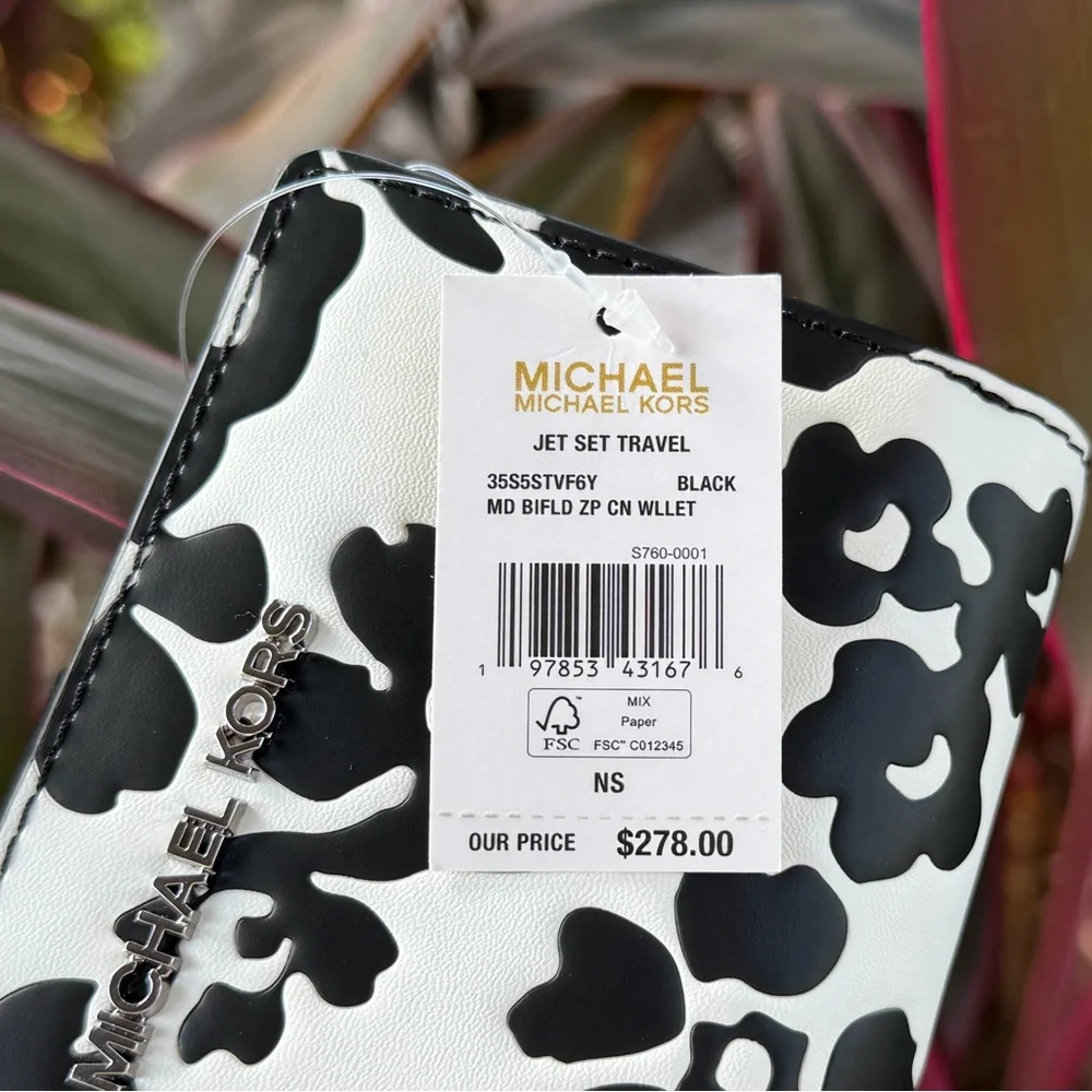 Michael Kors Jet Set Travel Bifold Black White Floral Wallet - Picture 6 of 12